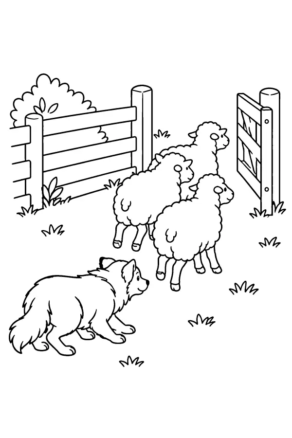 Coloriage d’un chien de berger menant des moutons