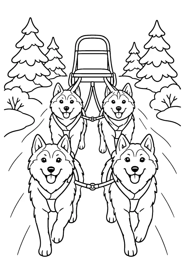 Dessin à colorier d’un attelage de chiens de traîneau