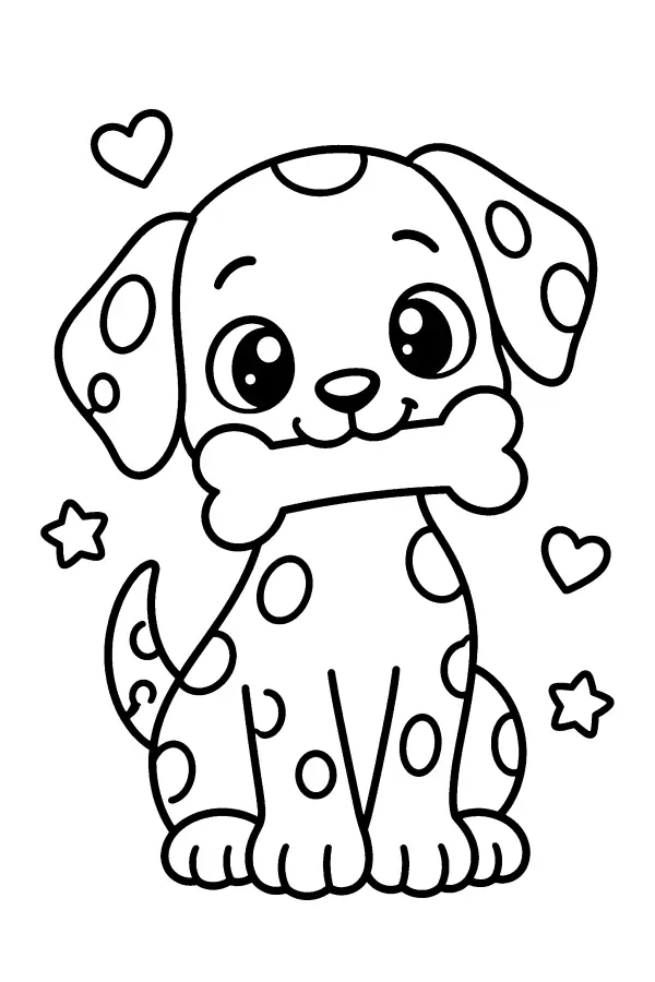 Coloriage d’un chiot tacheté tenant un os