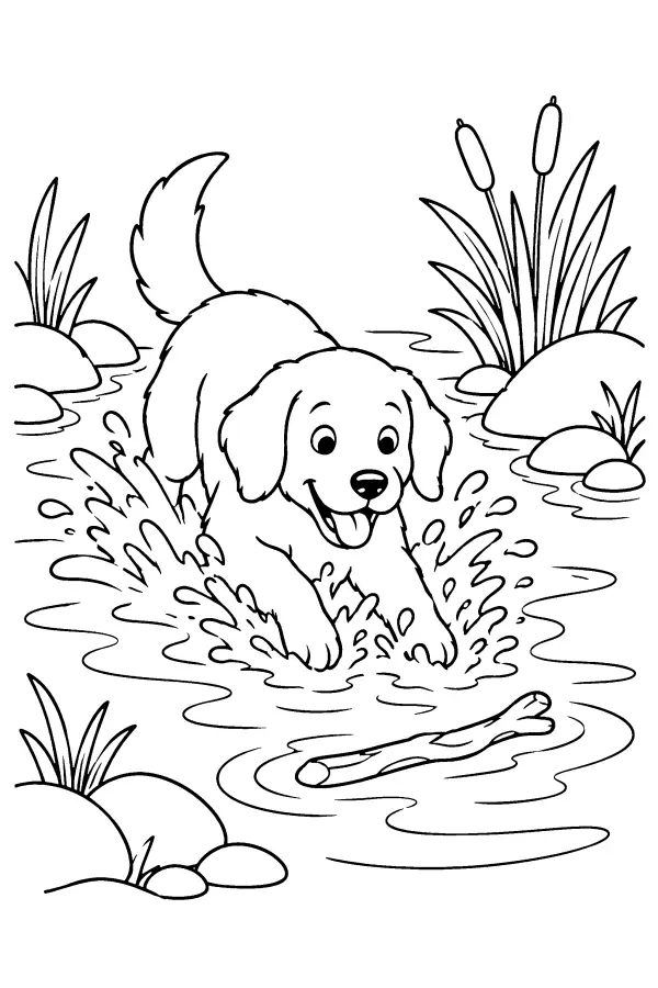 Dessin à colorier d’un chiot dans un ruisseau
