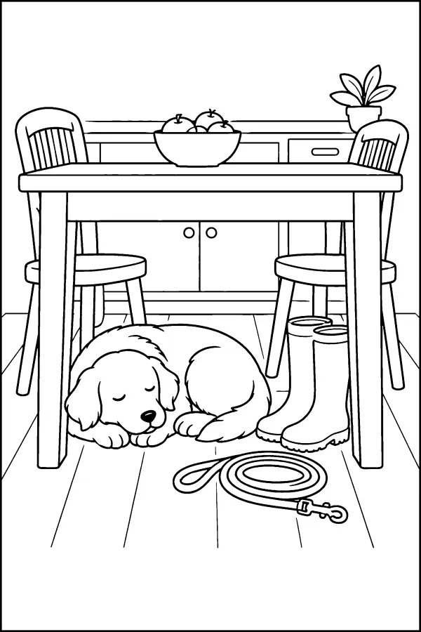 Coloriage d’un chien endormi sous une table de cuisine