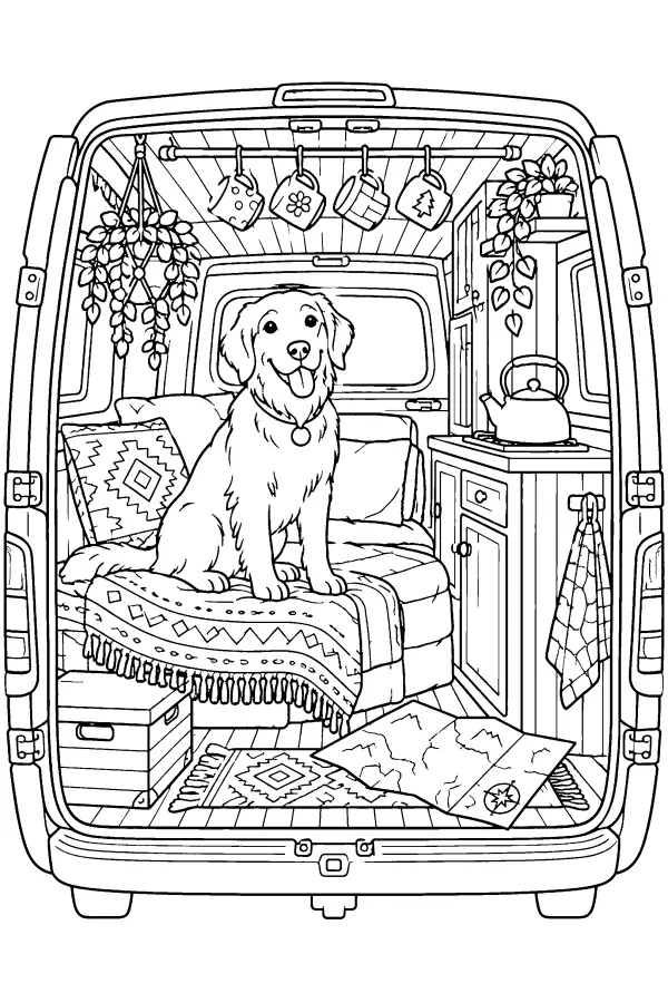 Coloriage détaillé d’un chien dans un camping-car