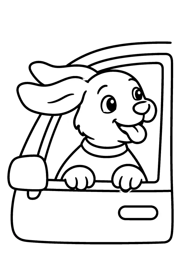 Coloriage d’un chiot la tête à la fenêtre d’une voiture