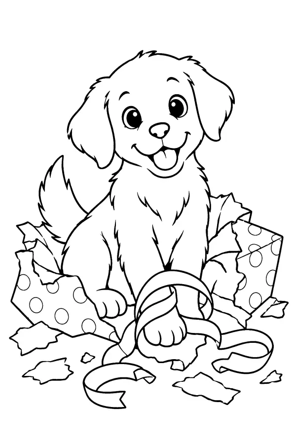 Coloriage d’un chiot surprise dans du papier cadeau