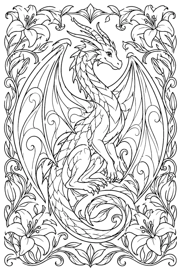Coloriage détaillé d’un dragon art nouveau