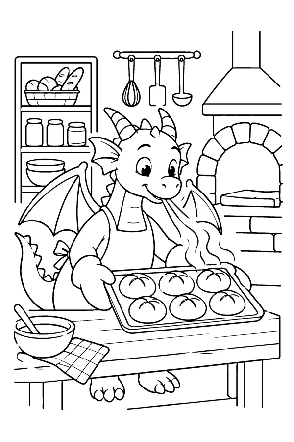 Dessin à colorier facile d’un dragon boulanger