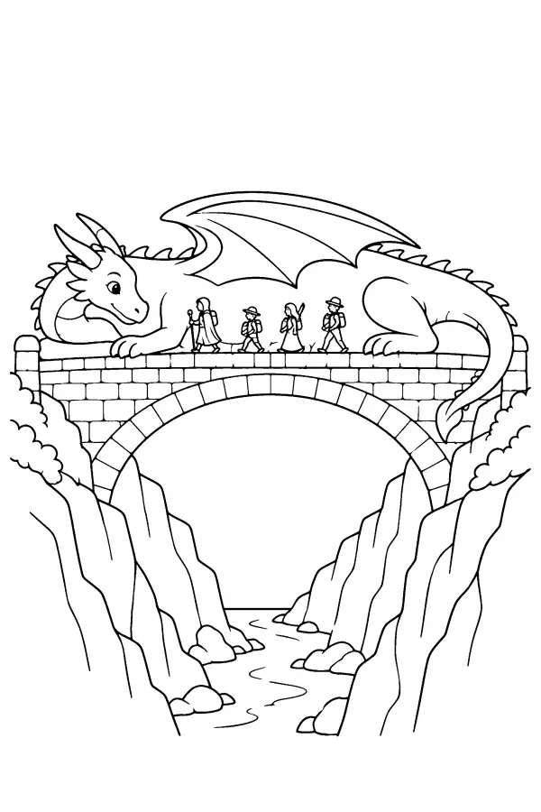 Dessin à colorier d’un dragon servant de pont