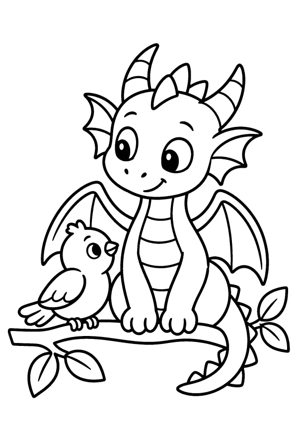Dessin à colorier d’un dragon et d’un oiseau