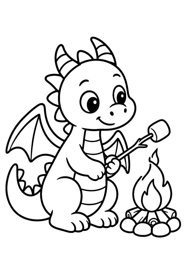 Dessin à colorier d’un dragon au feu de camp