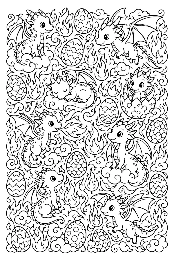 Dessin à colorier détaillé motif dragons et œufs