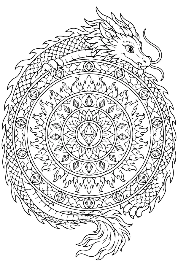 Coloriage détaillé d’un mandala de dragon