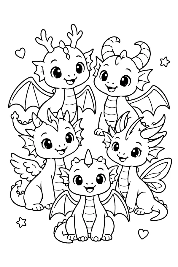 Dessin à colorier facile de cinq bébés dragons