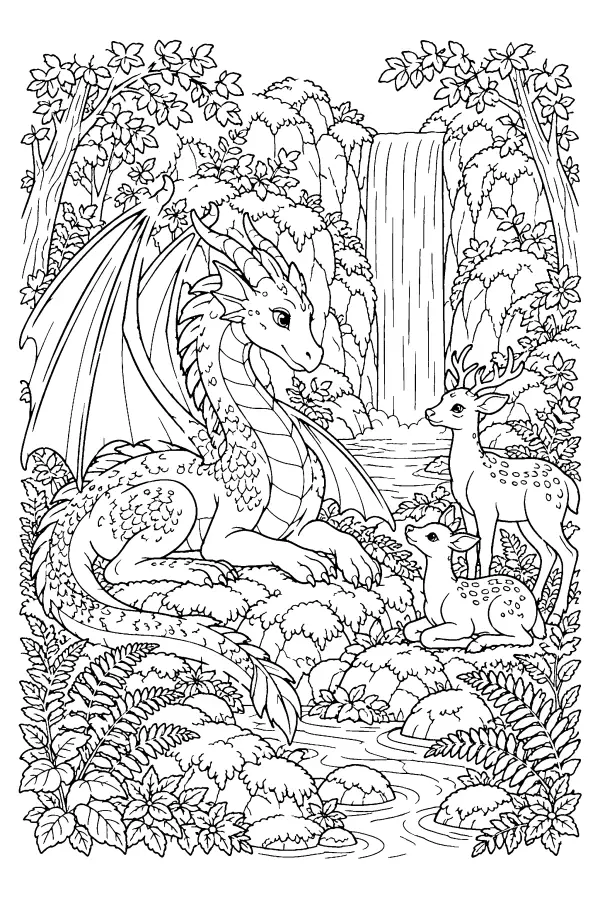 Coloriage détaillé d’un dragon près d’une cascade