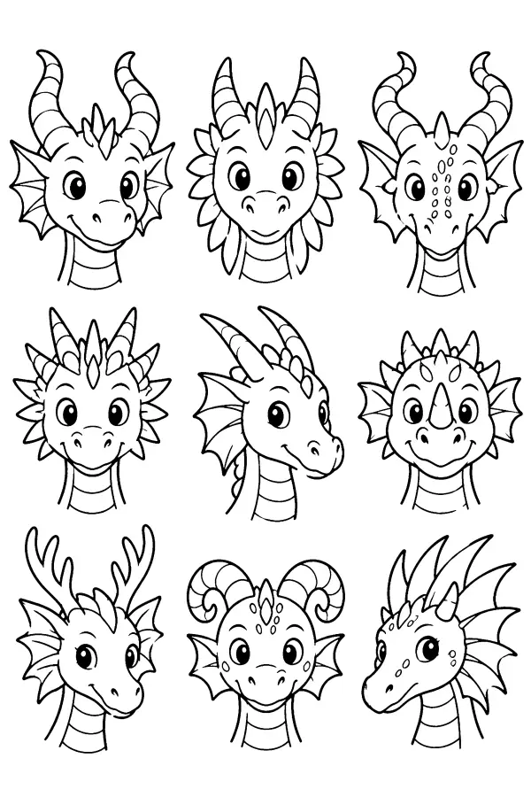 Dessin à colorier de neuf têtes de dragon