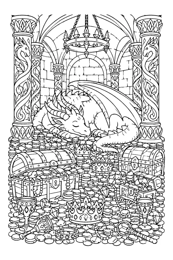 Coloriage détaillé d’un dragon sur son trésor