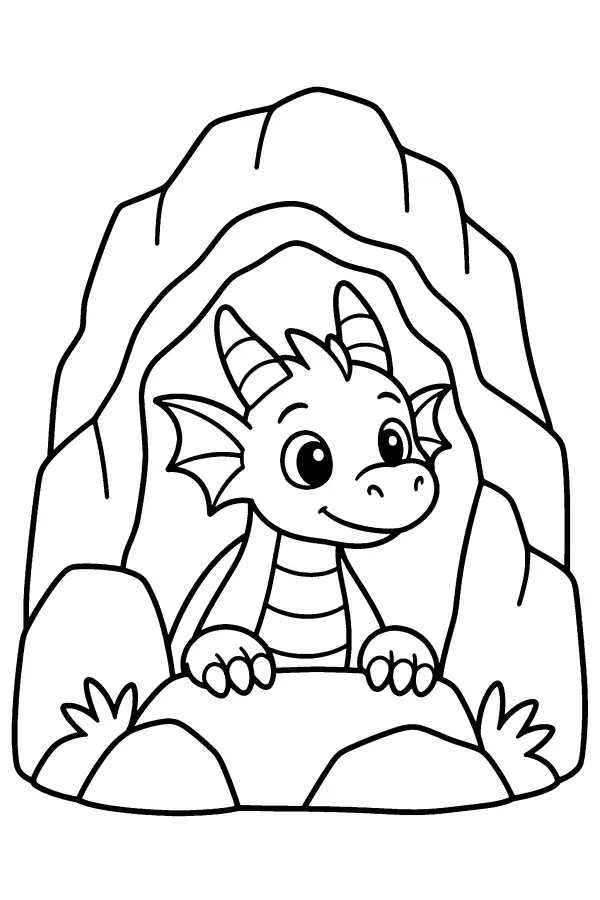 Dessin à colorier d’un dragon dans une grotte