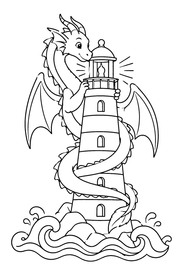 Dessin à colorier d’un dragon autour d’un phare