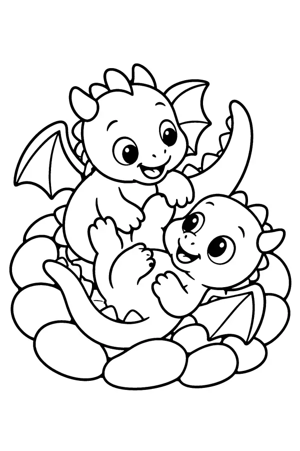 Coloriage de deux bébés dragons dans un nid