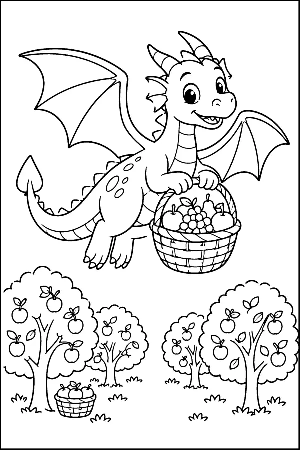 Coloriage d’un dragon au-dessus d’un verger