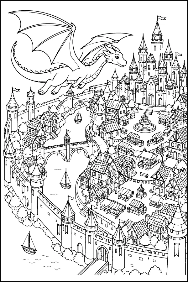 Dessin à colorier détaillé d’un dragon au-dessus d’une ville