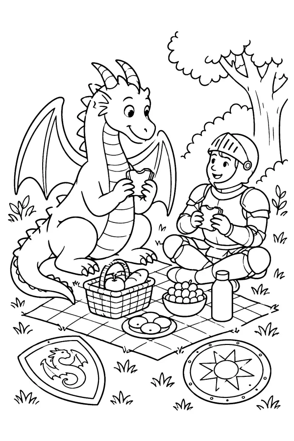 Dessin à colorier d’un dragon en pique-nique