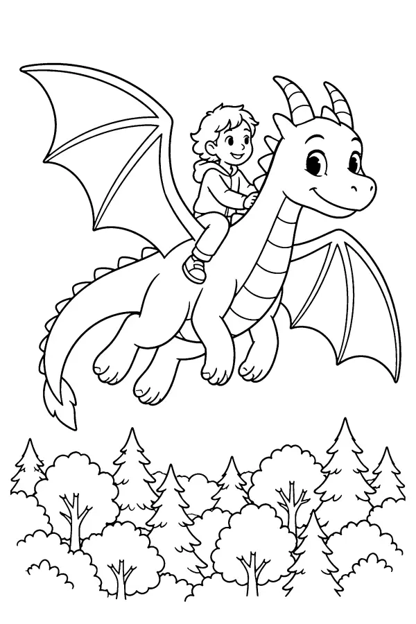 Dessin à colorier d’un enfant sur un dragon