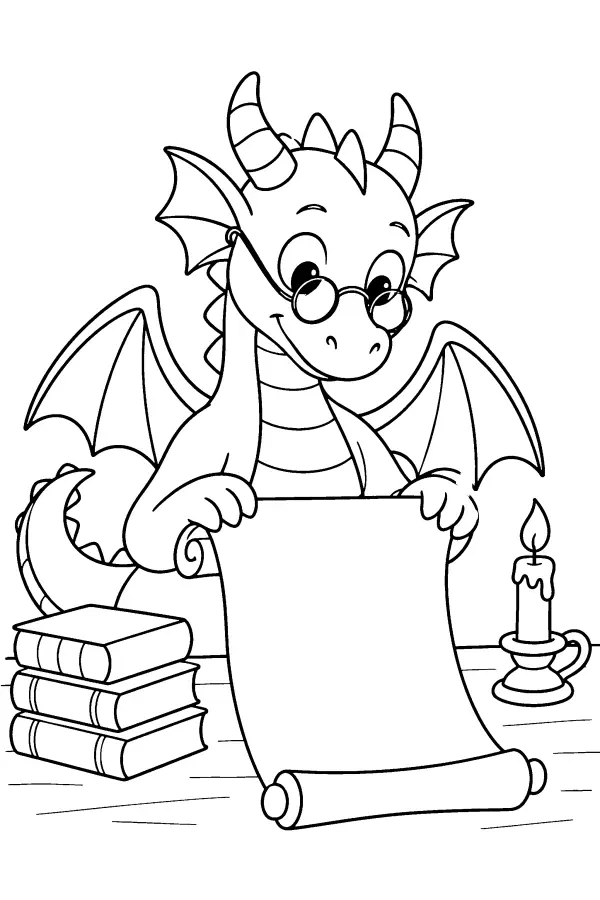 Dessin à colorier facile d’un dragon qui lit