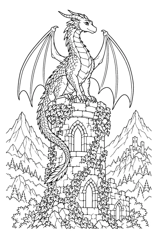 Coloriage détaillé d’un dragon sur une tour