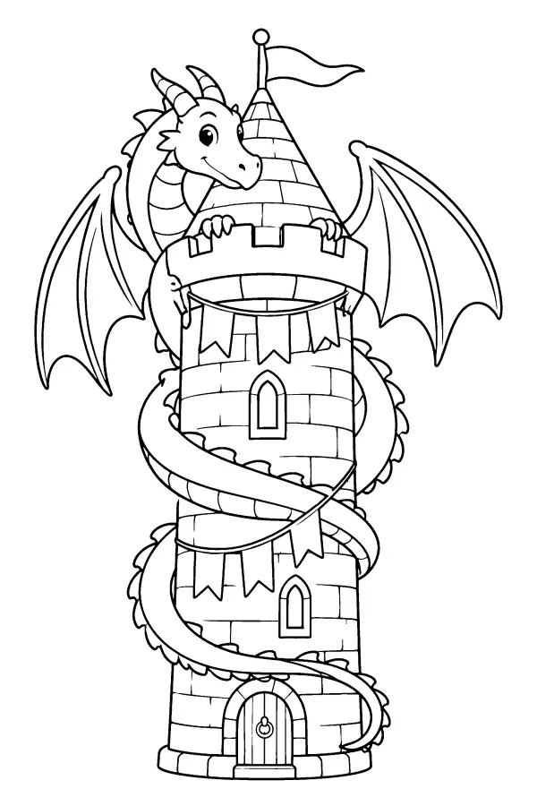 Dessin à colorier d’un dragon autour d’une tour