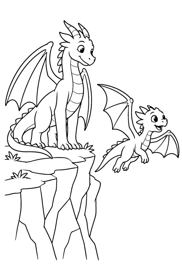 Dessin à colorier d’un dragon apprenant à voler