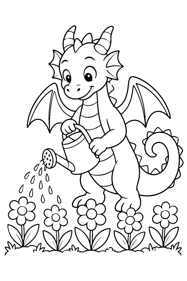 Coloriage d’un dragon qui arrose le jardin