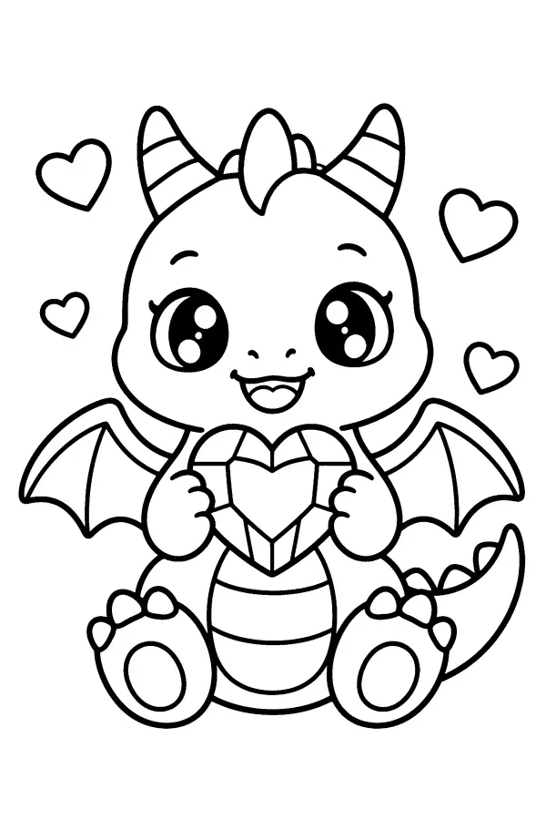 Dessin à colorier d’un dragon tenant un cœur