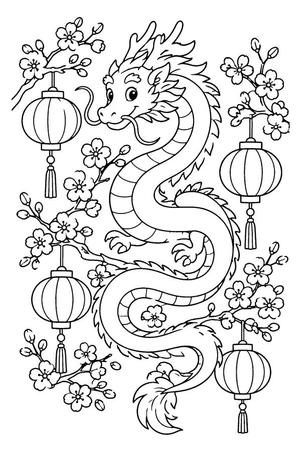 Coloriage d’un dragon parmi lanternes et fleurs