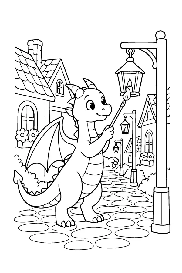 Coloriage d’un dragon allumant une lanterne