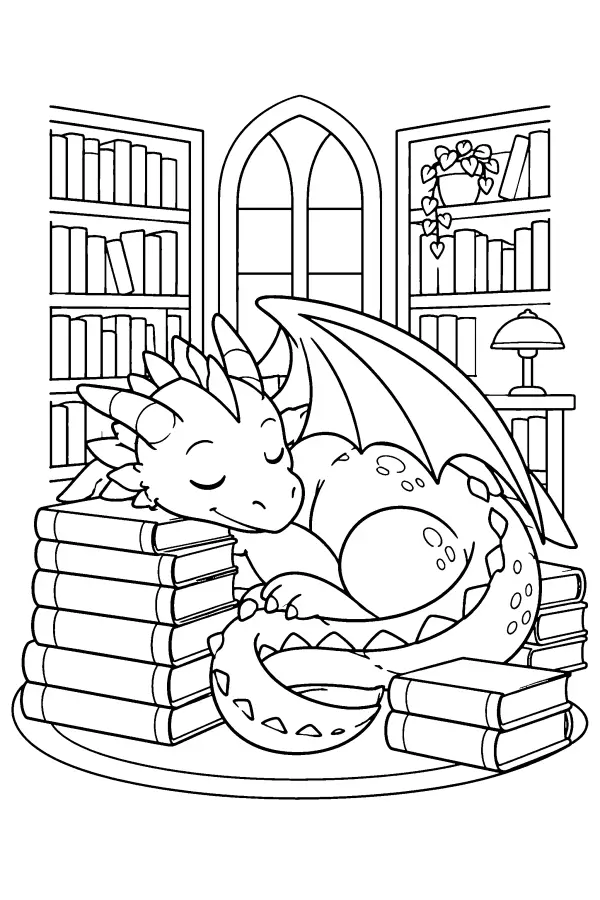Dessin à colorier d’un dragon qui dort sur des livres