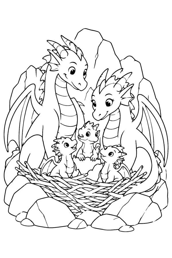 Dessin à colorier d’une famille de dragons