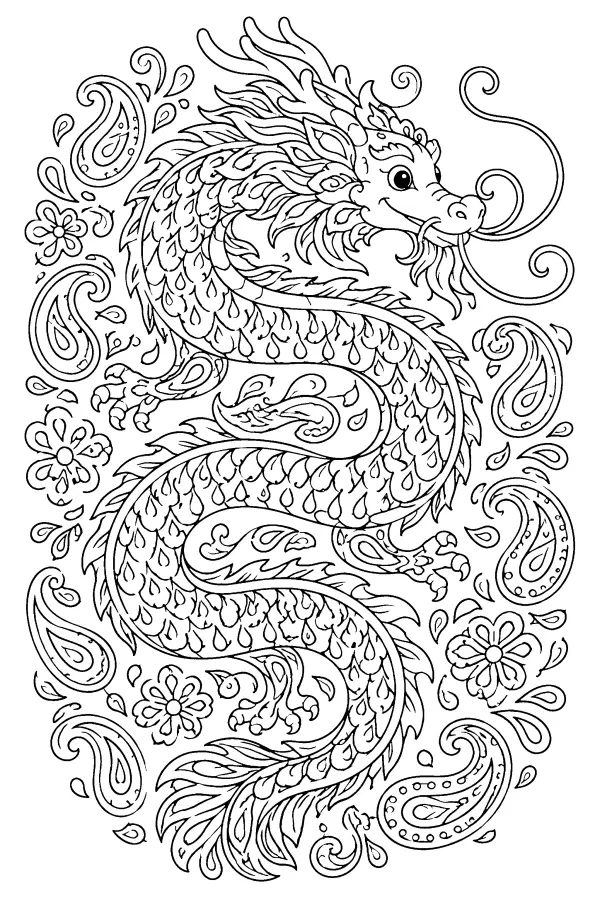 Dessin à colorier détaillé d’un dragon paisley