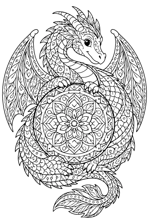 Dessin à colorier détaillé d’un dragon circulaire