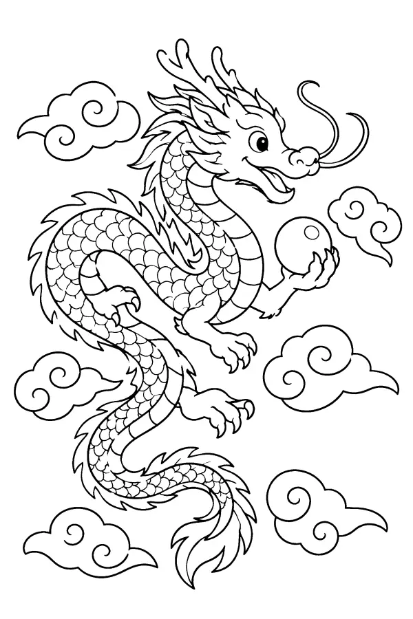 Dessin à colorier d’un dragon asiatique à la perle