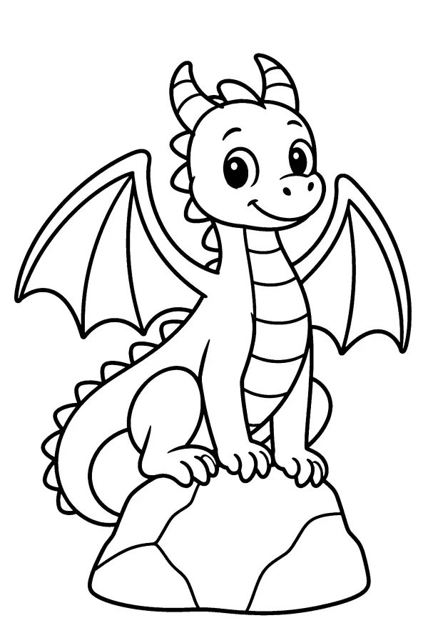 Coloriage d’un dragon assis sur un rocher