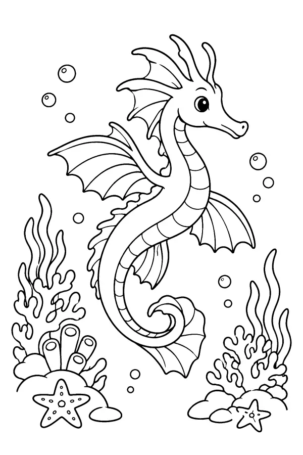 Dessin à colorier d’un dragon de mer qui nage