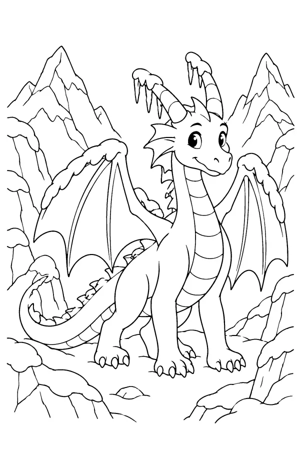 Dessin à colorier d’un dragon dans la neige