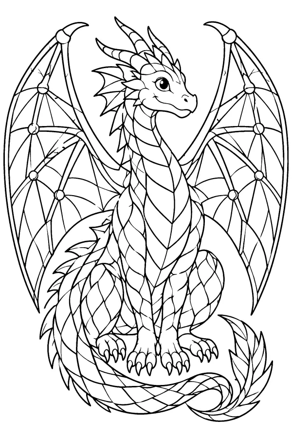 Coloriage détaillé d’un dragon en style vitrail