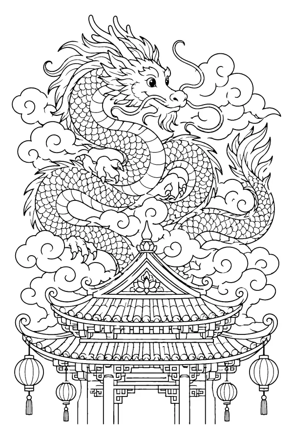 Dessin à colorier détaillé d’un dragon de temple