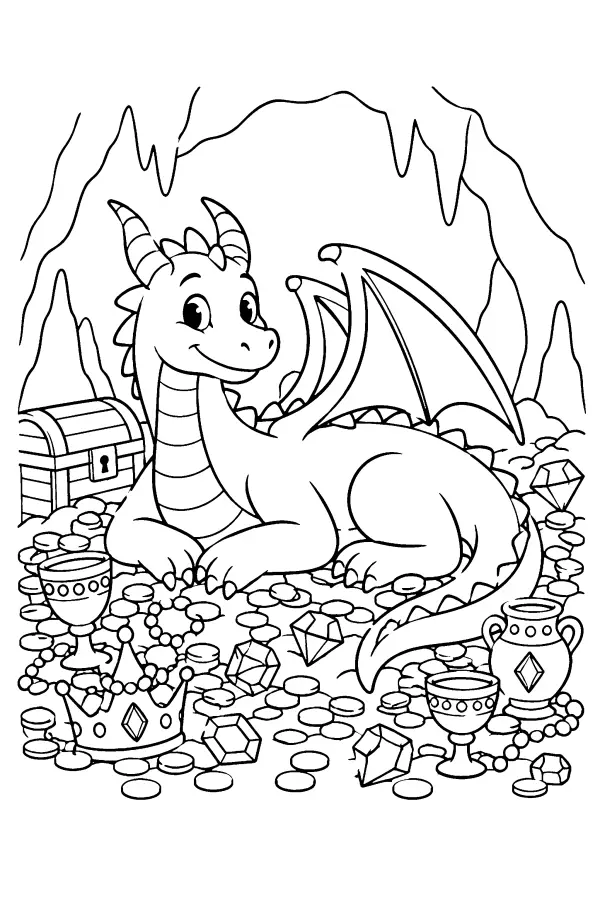 Coloriage d’un dragon dans une grotte au trésor