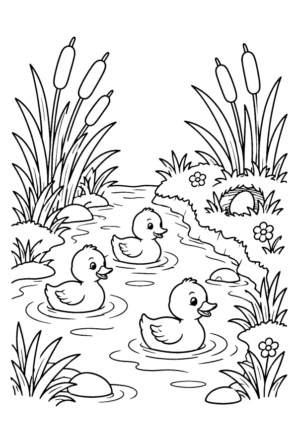 Ducklings By The Stream