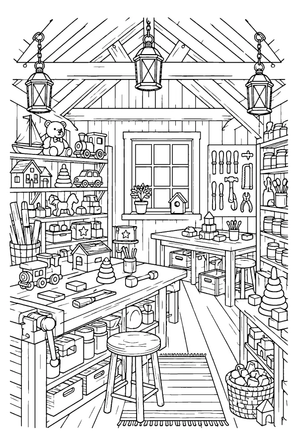 Coloriage détaillé de l’atelier des lutins