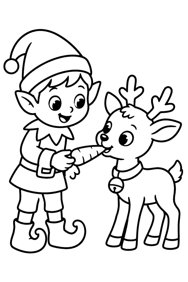 Dessin à colorier de lutin qui nourrit un renne