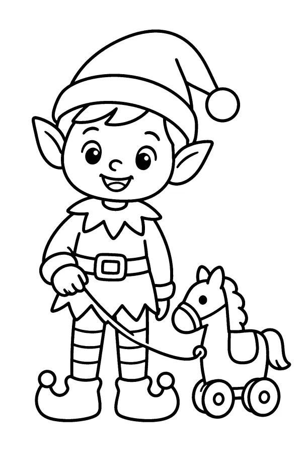 Coloriage de lutin avec un cheval de bois à tirer