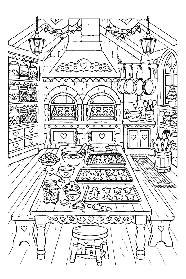 Coloriage détaillé de la cuisine des lutins
